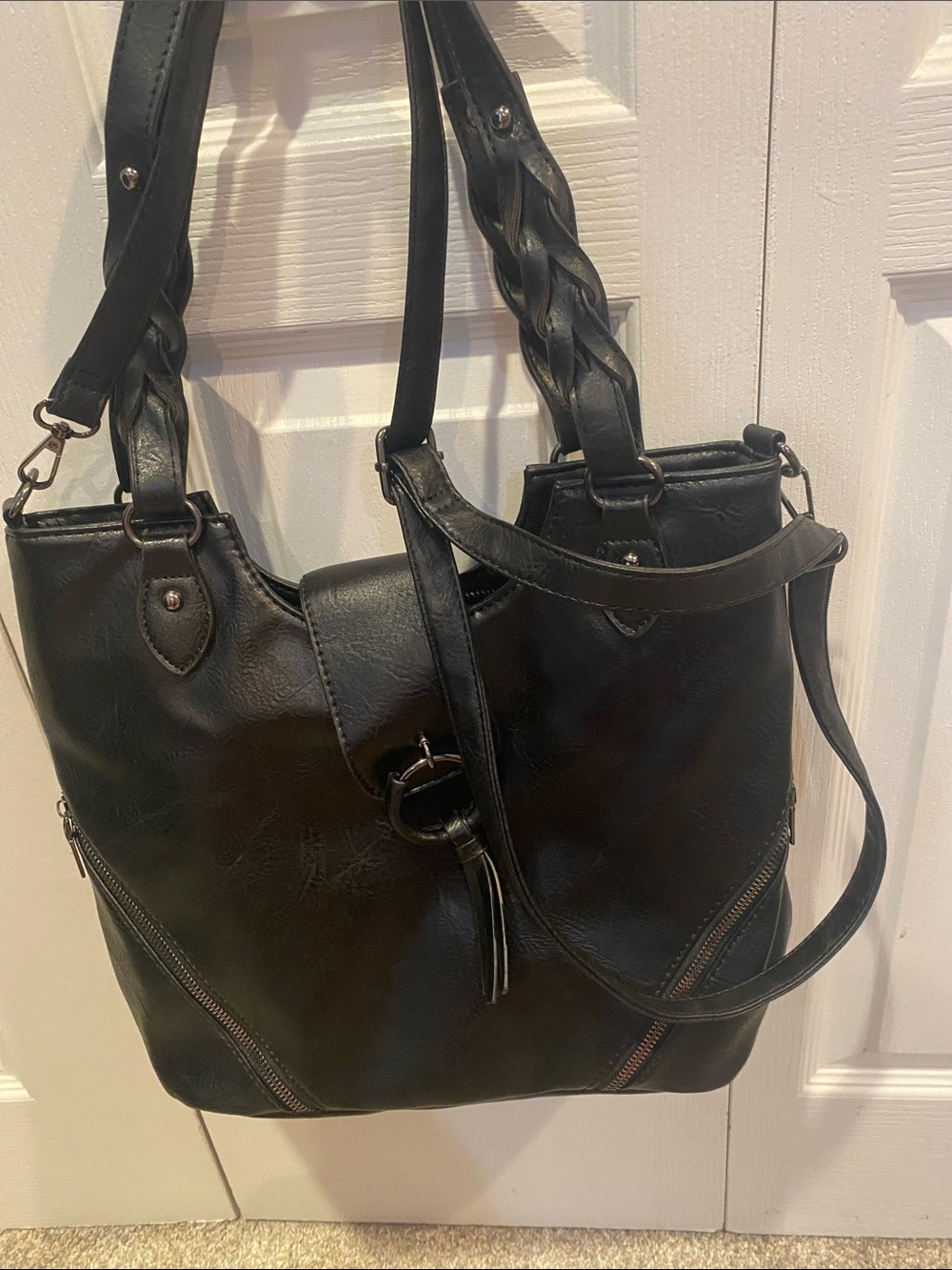 Black Shoulder Tote Bag with Braided Strap